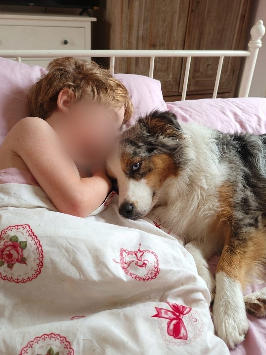 Lexi a dormir abraçada a uma criança — Mini Aussie e crianças, Guardas do Berço